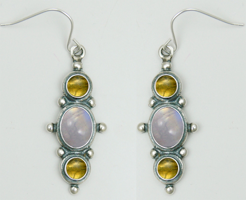 Sterling Silver Drop Dangle Earrings With Rainbow Moonstone And Citrine